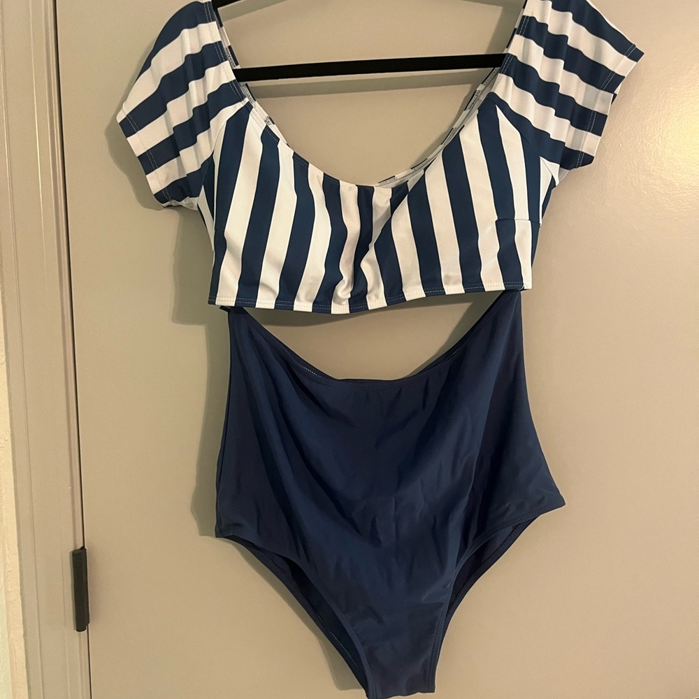 Matching Men and Women’s Striped Blue and White Swimsuit